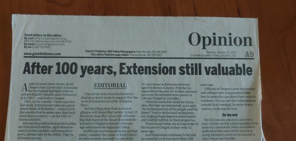An Editorial from the Corvallis Gazette-Times: After 100 years, Extension still valuable. 